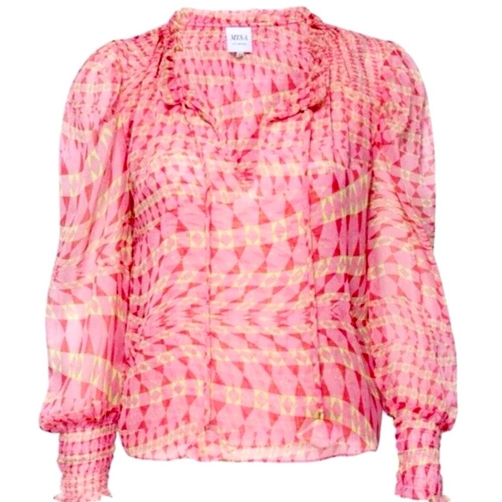 MISA Los Angeles Siena Top Blouse Size M, Light Pink Multi, Long Sleeves